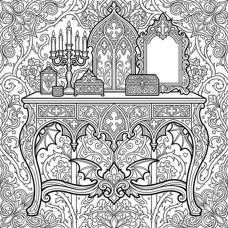 Step into a world of dark romance with this stunning Gothic console table coloring page. Its intricate details and melancholic elegance offer a sophisticated challenge for adult colorists seeking a unique artistic experience.