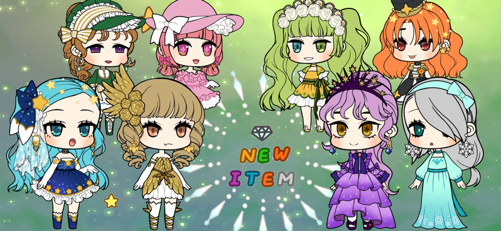 Character Maker - Eight diverse chibi characters wearing colorful outfits and hairstyles