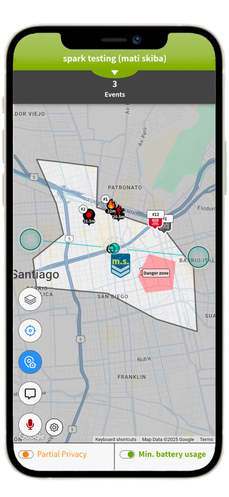 Aplicación móvil Spark System mostrando un mapa de incidentes en vivo para socorristas