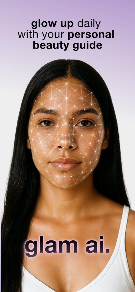 Glam AI app interface showing a facial scan with a digital grid for personal beauty analysis