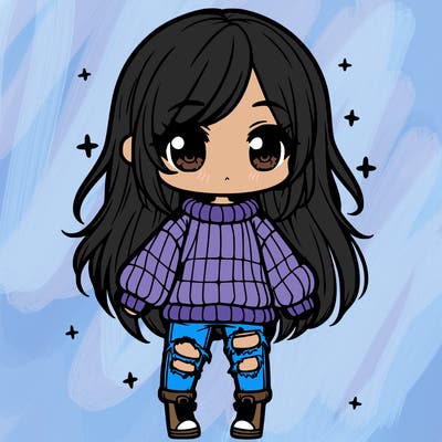 chibi girl with ripped jeans,long hair, and an oversized sweater