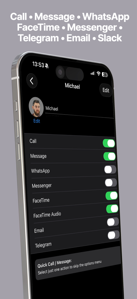 Favorites Widget Pro - Interface of Favorites Widget Pro showing communication options for a contact including Call Message WhatsApp and FaceTime
