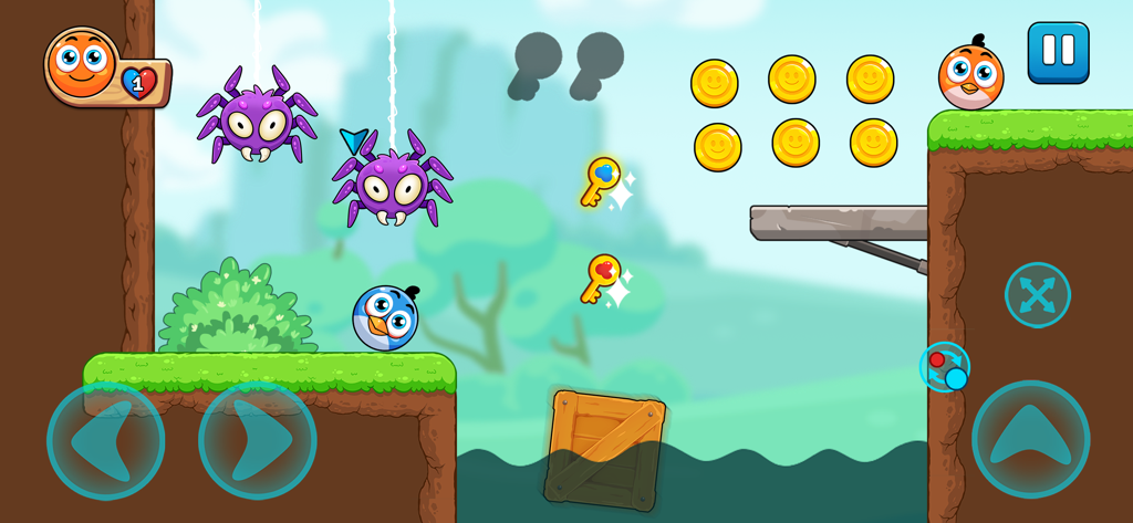 Red and Blue: Ball Heroes - Gameplay screenshot of Red and Blue Ball Heroes showing a blue ball character navigating a jungle level with spider enemies and collectible coins