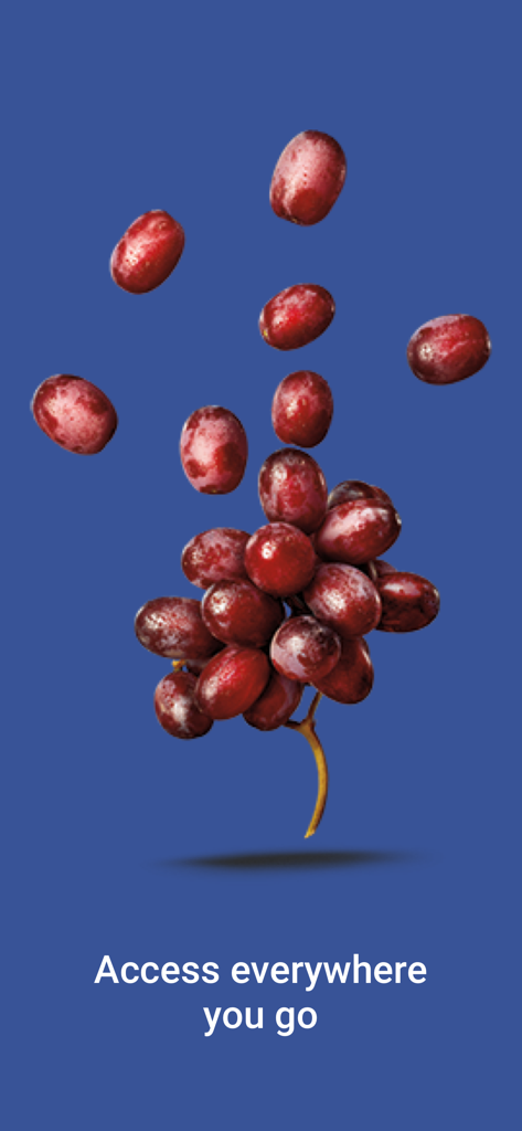 FEED Mobile - Red grapes on a blue background with the text Access everywhere you go