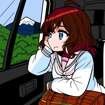 anime girl sighing with elbow on window sill on the back seat of the car looking outside the window of the car
