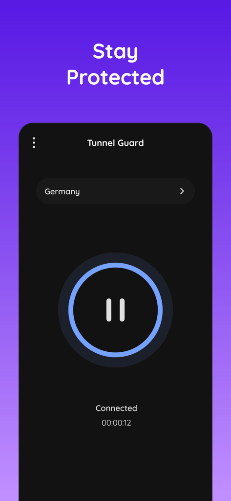 Tunnel Guard VPN interface displaying a protected connection to a server in Germany