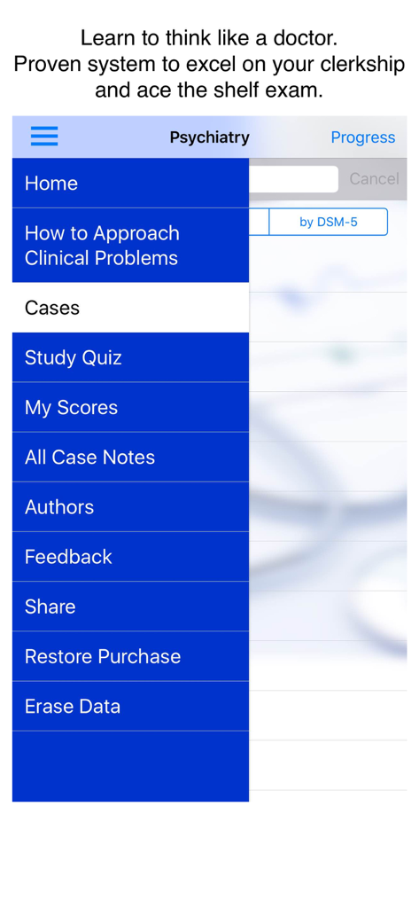 Case Files Psychiatry mobile app navigation menu showing study cases and quiz options