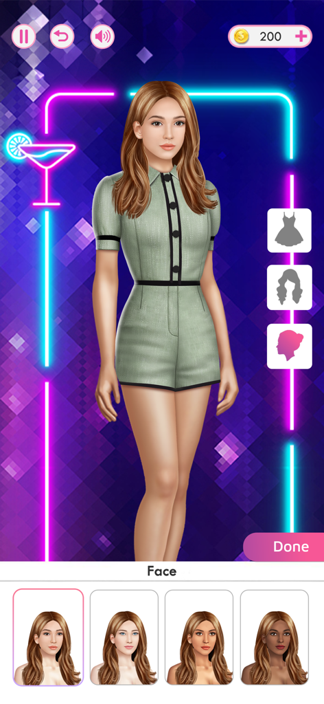 Decisionsゲームのキャラクターカスタマイズ画面、様々な顔や衣装のオプションを持つ女性アバターを表示