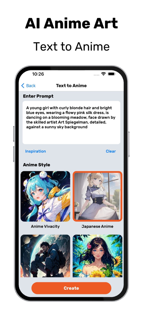 Manga Reader - Read Manga Top - Interface of Manga Reader app showing the text to anime art generation feature with prompt entry and style selection