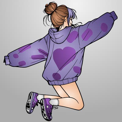 realistic girl jumping with a bun and oversized sweatshirt