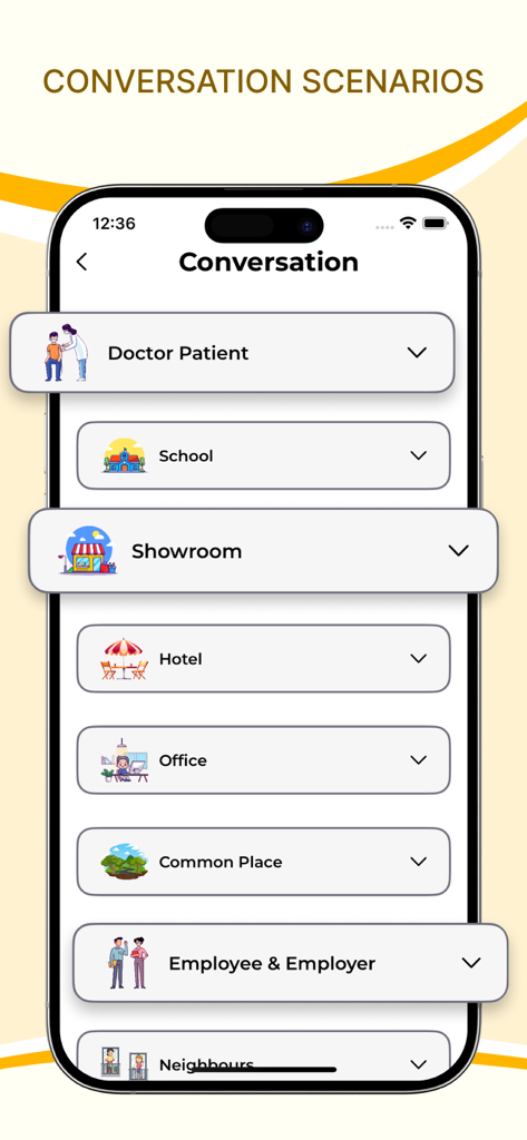 Learn English Through Gujarati - A list of English conversation practice scenarios in the Learn English Through Gujarati app including categories like Doctor Patient, School, and Office.
