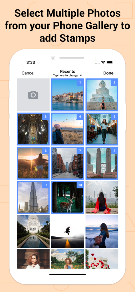 User interface showing multiple photos selected from a phone gallery to add watermark stamps in the Shot On app.