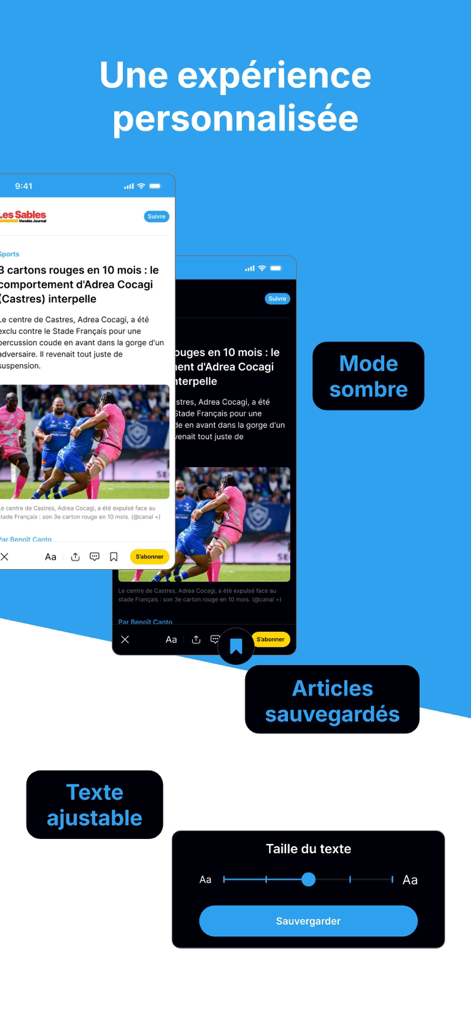 Actu - Opzioni di personalizzazione dell'app Actu, tra cui la modalità scura e la dimensione del testo regolabile per la lettura di notizie francesi