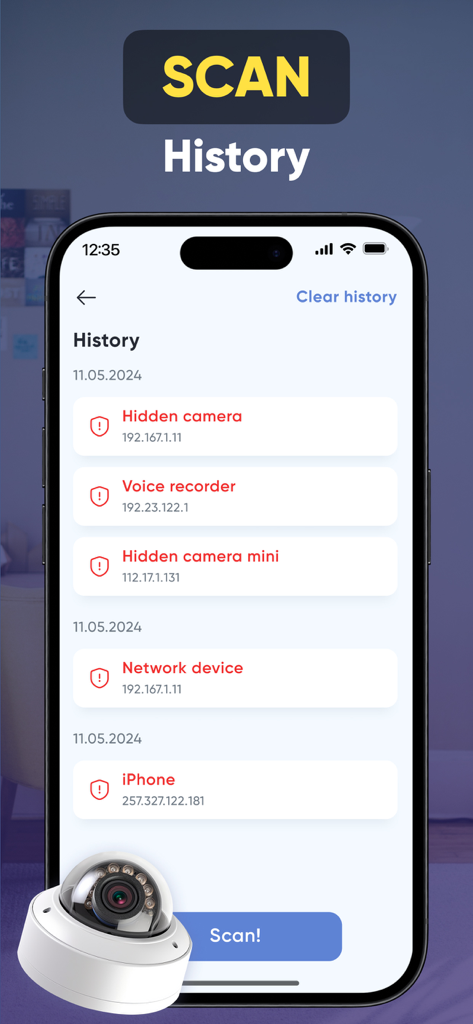 SpyGuard app screen showing a scan history with detected hidden cameras and voice recorders.