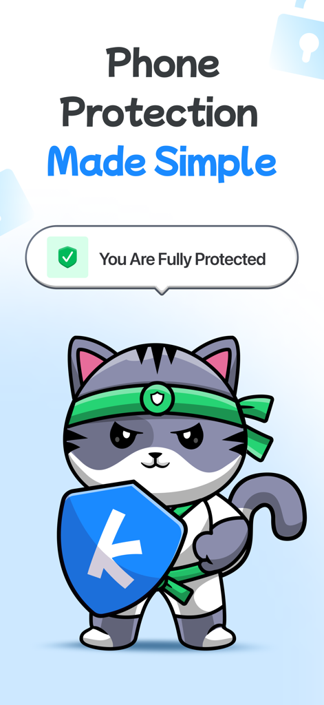 Karate Cat mascot holding a shield for Mobile Shield phone protection