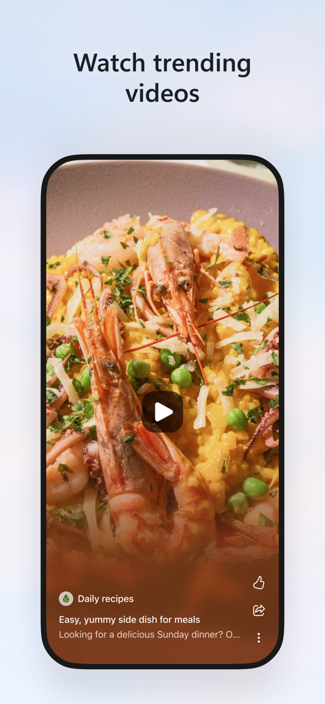 MSN - MSN app interface displaying a trending short-form video of a seafood recipe with a play button.