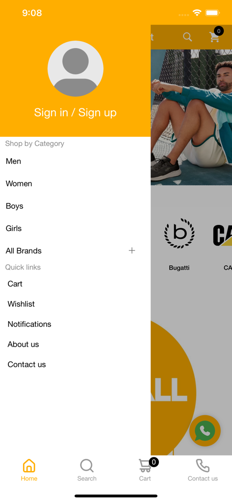 Side navigation menu of the Footcourt Egypt mobile app displaying shopping categories for men women and children