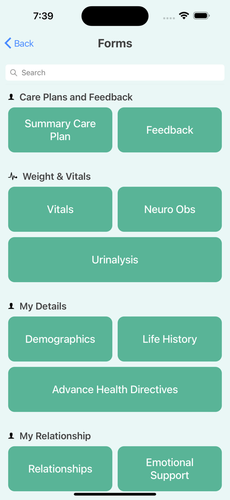 A clinical forms menu in the Leecare P6MyCarePlan app displaying categories for care plans vitals and personal health details