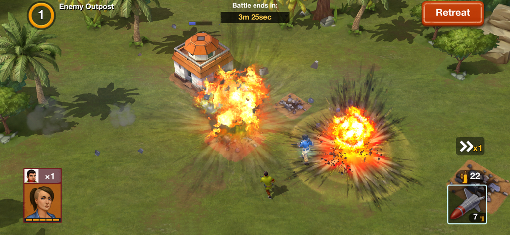 Narcos: Cartel Wars Unlimited - Escena de juego táctica de asalto a base con grandes explosiones y personajes atacando un puesto enemigo en Narcos Cartel Wars Unlimited