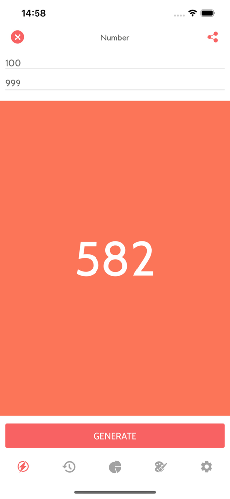 Random: Wheel & Randomizer - Interface of the Random app showing a generated number between 100 and 999
