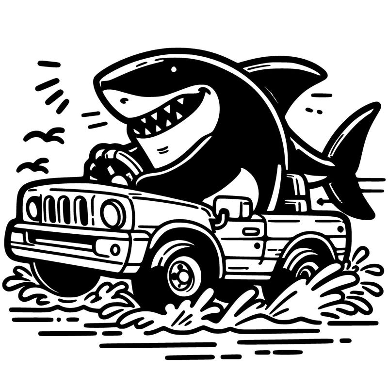 shark driving a car animated