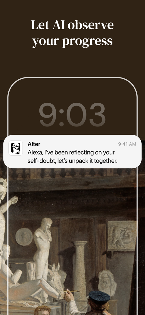 Alter・Daily Philosophy Journal - Smartphone lock screen showing a notification from the Alter app suggesting a session to reflect on self-doubt