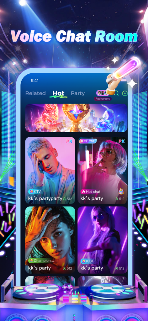 카라완 앱 인터페이스는 인기 있는 그룹 보이스 채팅방과 사용자 프로필을 보여줍니다.