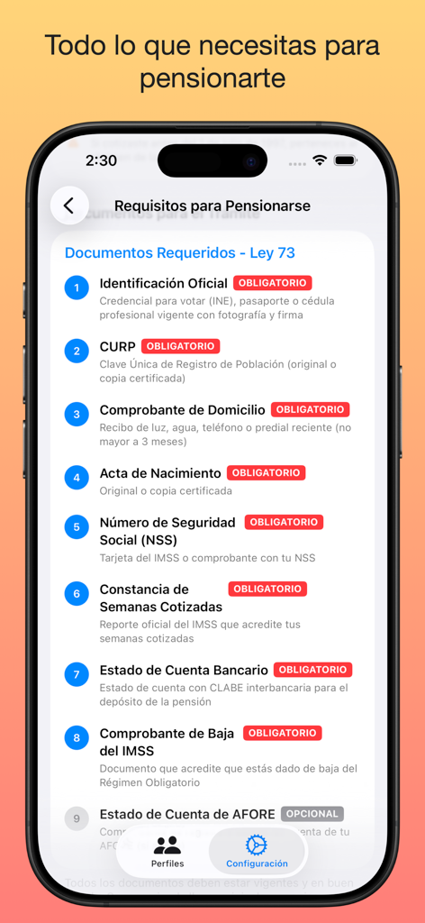 Pantalla de lista de verificación de la app MiPensión.MX con los documentos requeridos para una pensión IMSS Ley 73