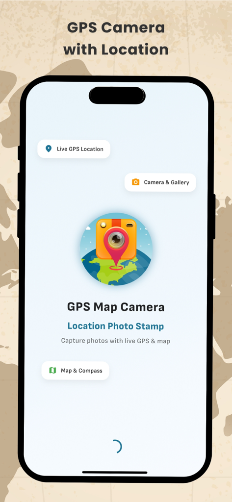 Home screen of the GPS Camera with Location app showing options for live gps location camera gallery map and compass