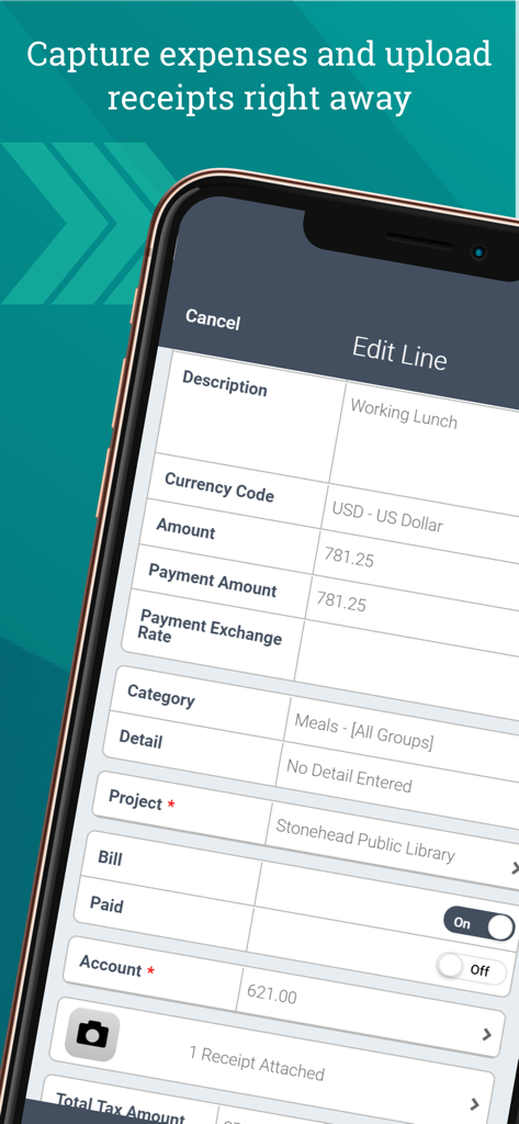 Deltek T&E for Vantagepoint - Interface of the Deltek Vantagepoint mobile app showing an expense entry screen with receipt attachment.