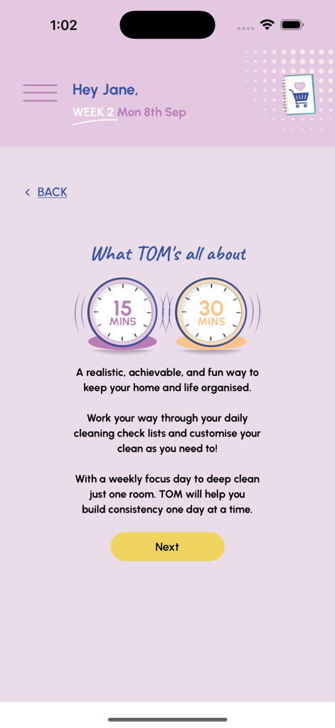Introduction screen for TOM: The Organised Method app explaining the cleaning routine features