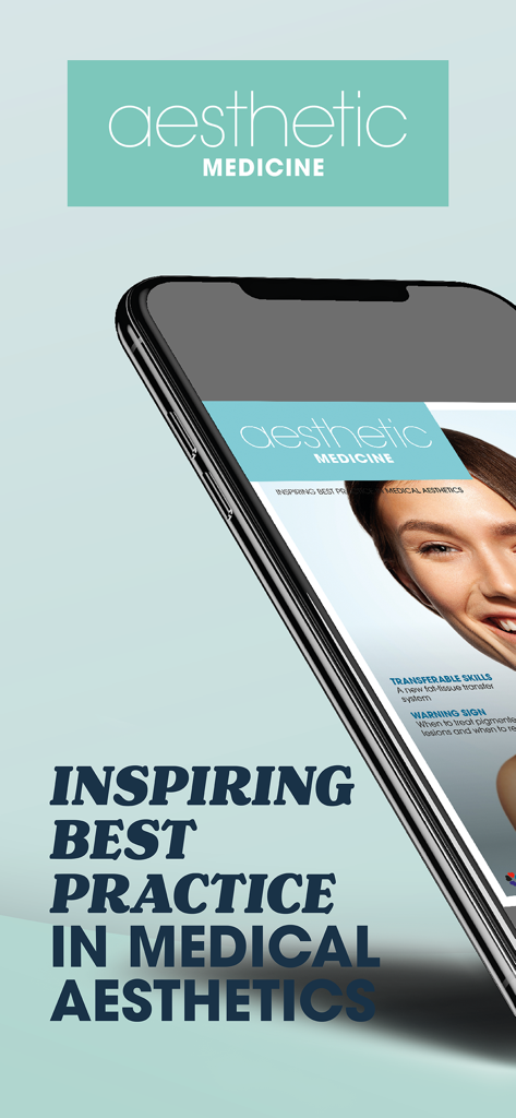 美容医療マガジン（Aesthetic Medicine Magazine）の表紙と「Inspiring Best Practice in Medical Aesthetics」というスローガンが表示されたスマートフォン。