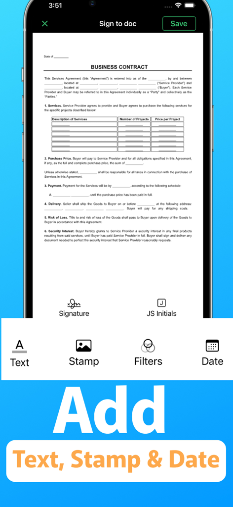 デジタルビジネス契約書にテキストスタンプや日付を追加するためのツールを表示するモバイルアプリのインターフェース。