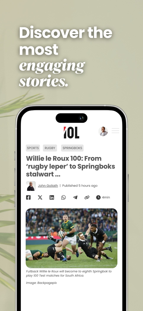 Interface móvel do aplicativo IOL News exibindo um artigo de notícias esportivas sobre a equipe de rugby sul-africana Springboks.