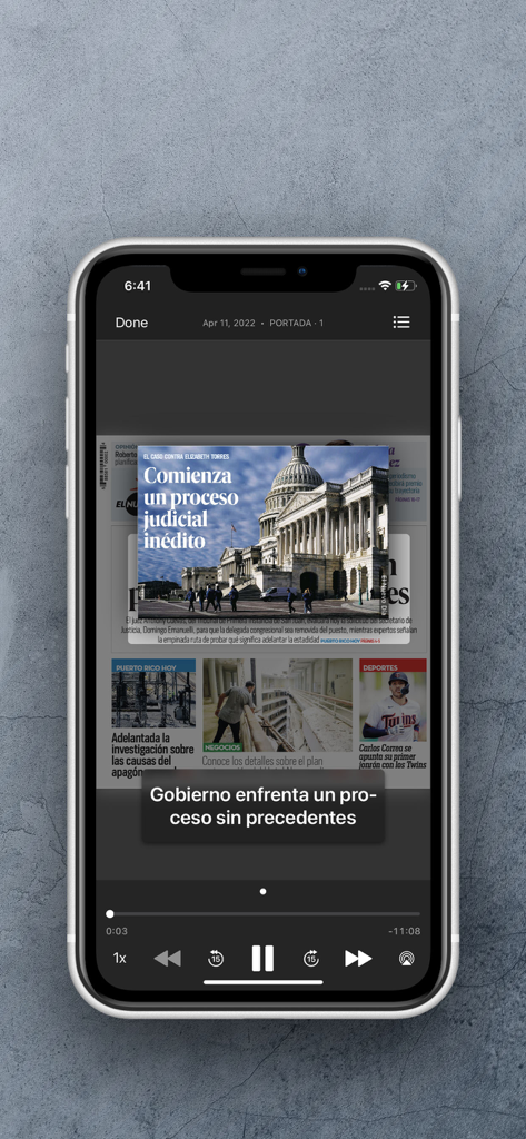 El Nuevo Día ePaper - Aplicación móvil El Nuevo Dia ePaper mostrando la función de reproducción de audio para escuchar artículos de noticias