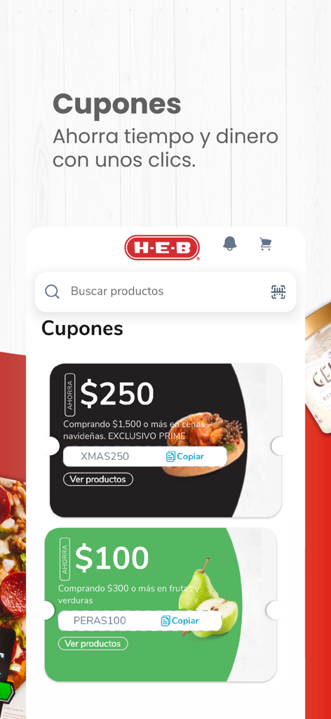 La sección de cupones de la app mi HEB mostrando ofertas de descuentos digitales para comestibles.