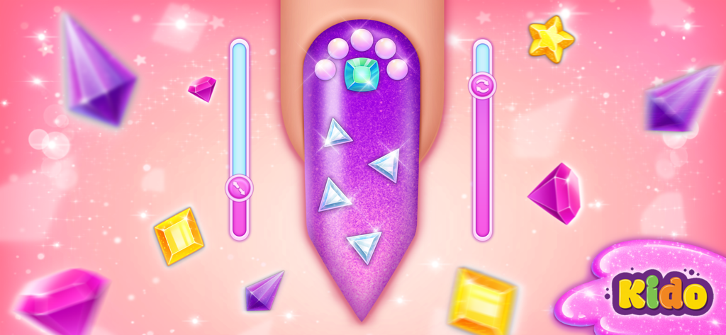 Nail Salon Games For Kids - Uña con purpurina morada decorada con perlas y gemas en un juego de salón de uñas para niños.