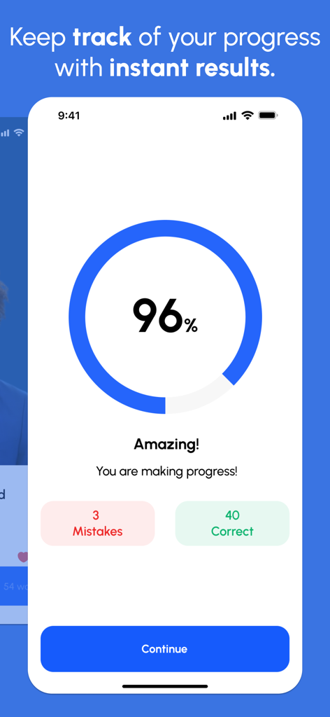 Progress tracking screen showing a ninety six percent accuracy score and instant feedback in the Speak and Learn English app
