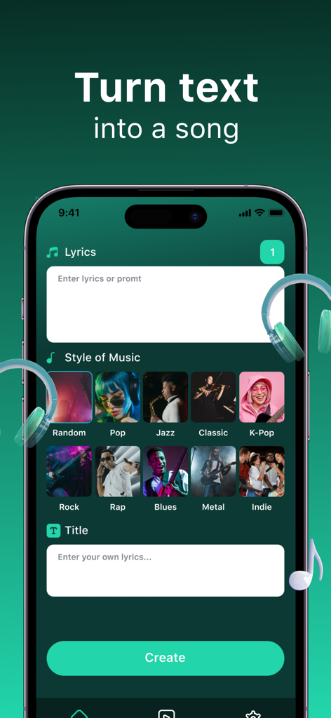 Aiva AI : AI Music Generator - Aiva AI mobile app screen showing how to create a song from text by selecting lyrics and music styles like pop or rock