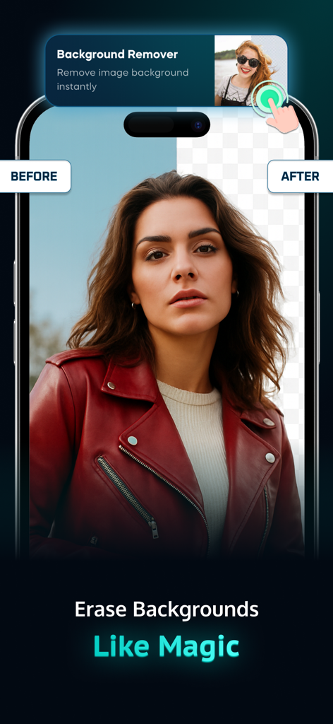 AI Image Generator - AI Tools - Herramienta eliminadora de fondos IA que muestra una comparación antes y después de un retrato.