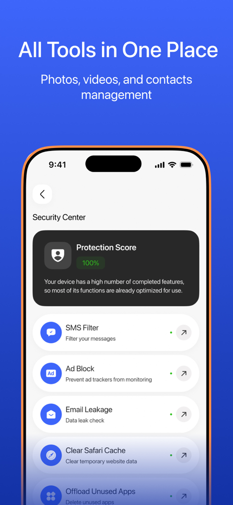 Interface do aplicativo SafeClean mostrando o Centro de Segurança com uma Pontuação de Proteção de 100 por cento e uma lista de ferramentas como Filtro de SMS e Bloqueador de Anúncios