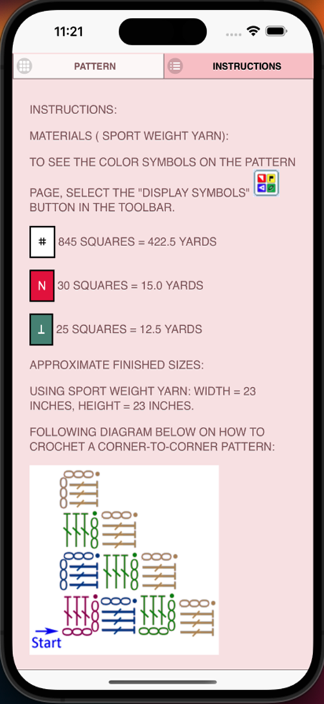 Graphghan Pattern Creator - Mobile screen showing crochet instructions including yarn requirements and a corner-to-corner pattern diagram