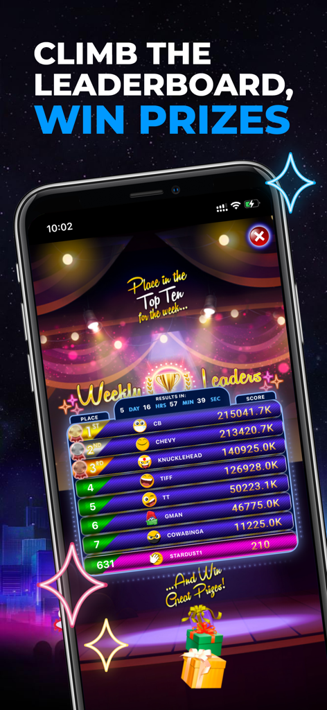 A smartphone screen displaying the weekly leaderboard and player rankings in Stardust Social Casino