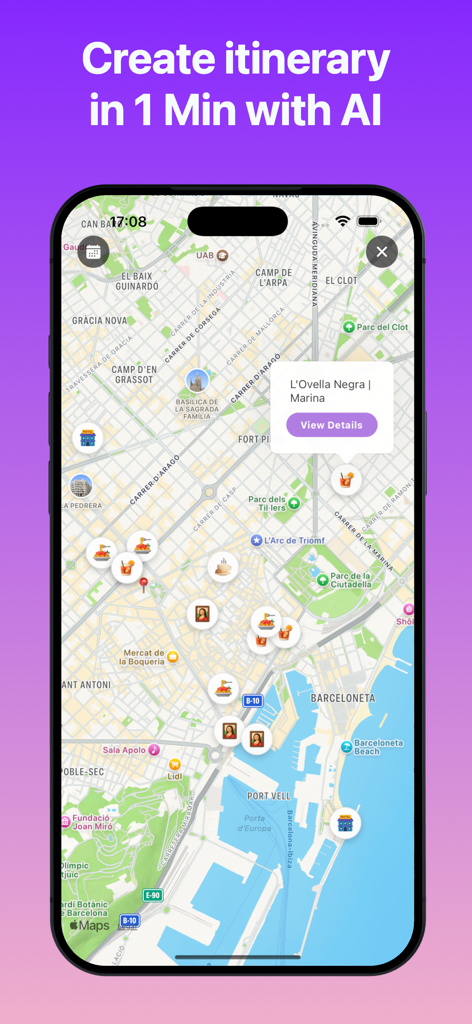 FlowTrip AI Group Trip Planner - Smartphone screen showing the FlowTrip AI app with a map of Barcelona populated with travel itinerary pins for restaurants and activities