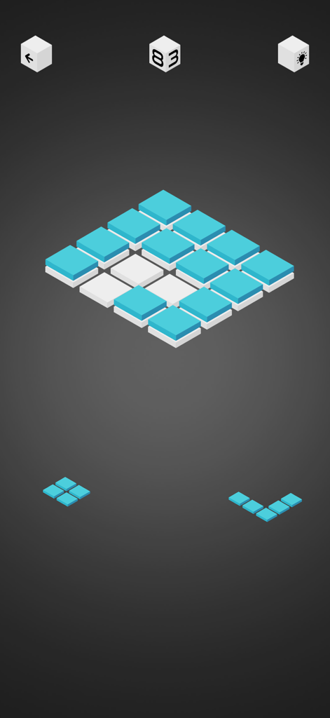Isometric 3D block puzzle game screen in dark mode