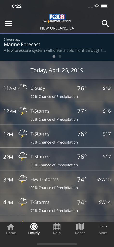 FOX 8 Weather - Pronóstico del tiempo por hora para Nueva Orleans en la aplicación El Tiempo de FOX 8 mostrando tormentas eléctricas y temperaturas