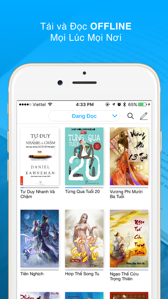 A library of Vietnamese ebooks and novels on the aBooks mobile app showing titles like Thinking Fast and Slow and various web novels.
