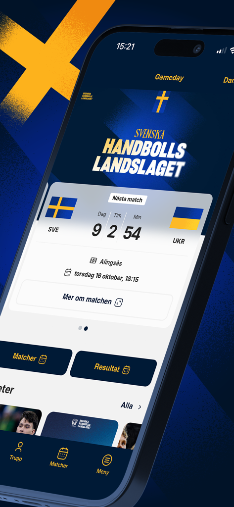 Svenska Handbollslandslaget - Home screen of the Svenska Handbollslandslaget app with a countdown for a match between Sweden and Ukraine.