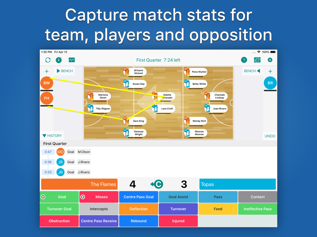 Great Coach Netball - Great Coach Netball app interface on iPad showing live match statistics tracking with player positions on a court diagram and a scoreboard