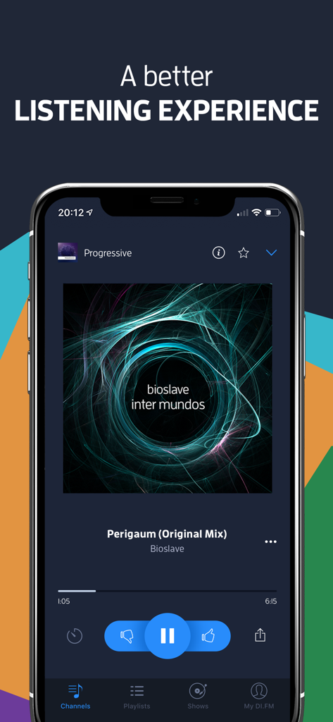 Smartphone screen displaying the DI.FM music player interface with a progressive house track playing
